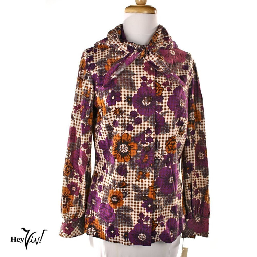 Vintage Purple Floral Blouse w Corinth Street Tag & Separate Matching Neck Scarf